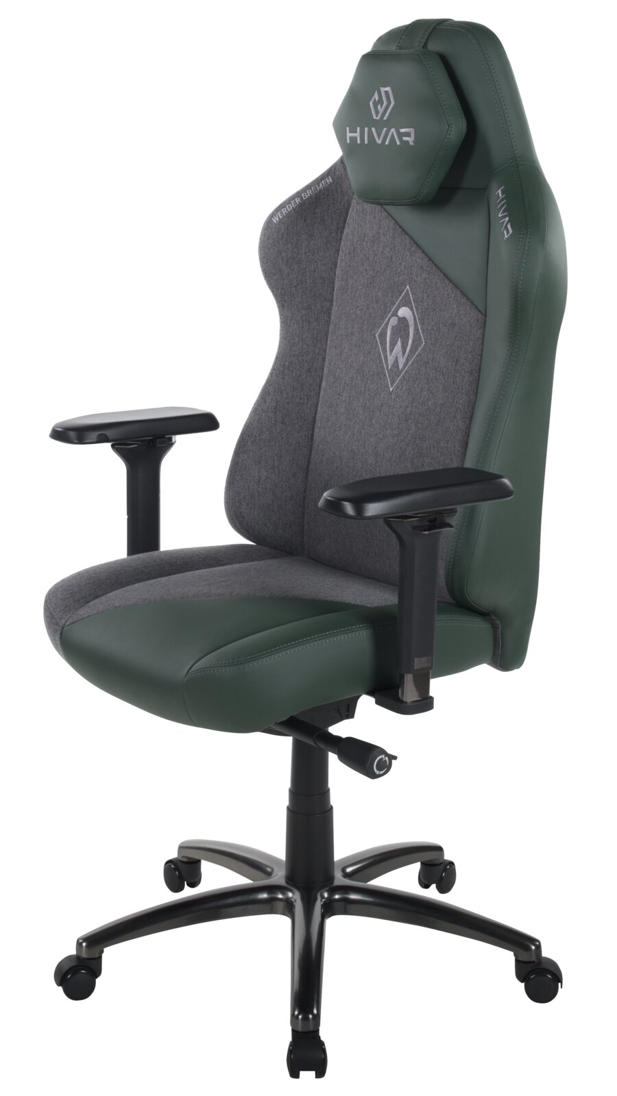 Gaming Stuhl in seitlicher Perspektive mit grün-grauer Polsterung und verstellbaren Armlehnen.