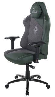 Gaming Stuhl in seitlicher Perspektive mit grün-grauer Polsterung und verstellbaren Armlehnen.