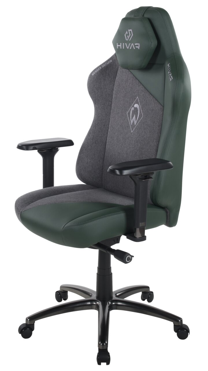 Gaming Stuhl in seitlicher Perspektive mit grün-grauer Polsterung und verstellbaren Armlehnen.