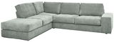 Graues Ecksofa mit weichem Stoffbezug, Ansicht von vorne links