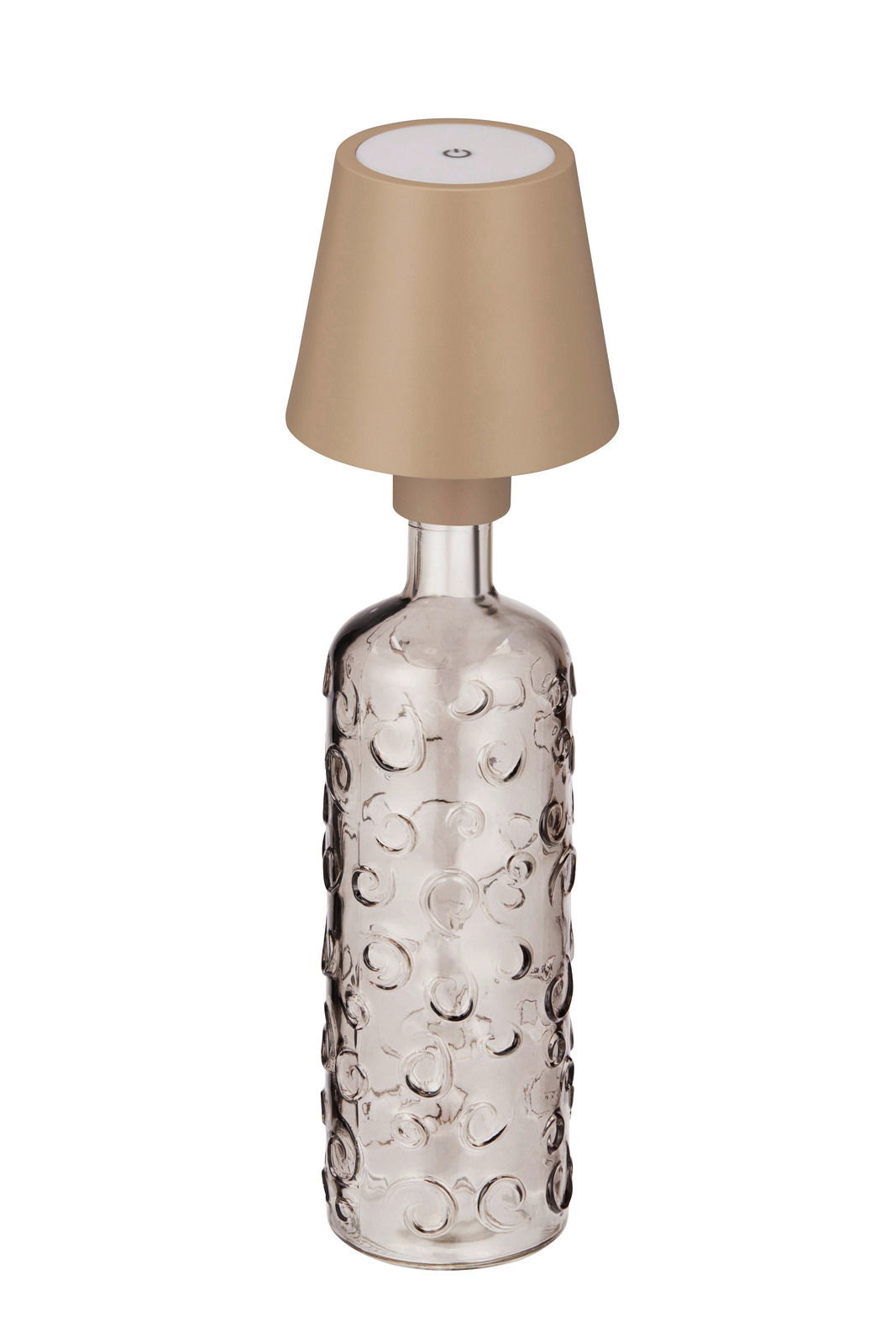 Akku-Tischleuchte mit strukturiertem Glasfuß und goldenem Lampenschirm, seitliche Perspektive