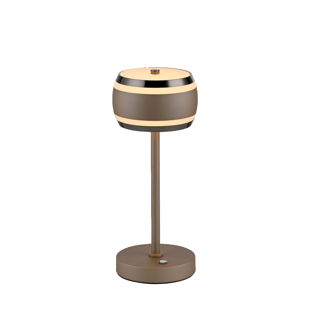 Moderne Akku-Tischleuchte in seitlicher Perspektive mit rundem Lampenschirm und elegantem Design.