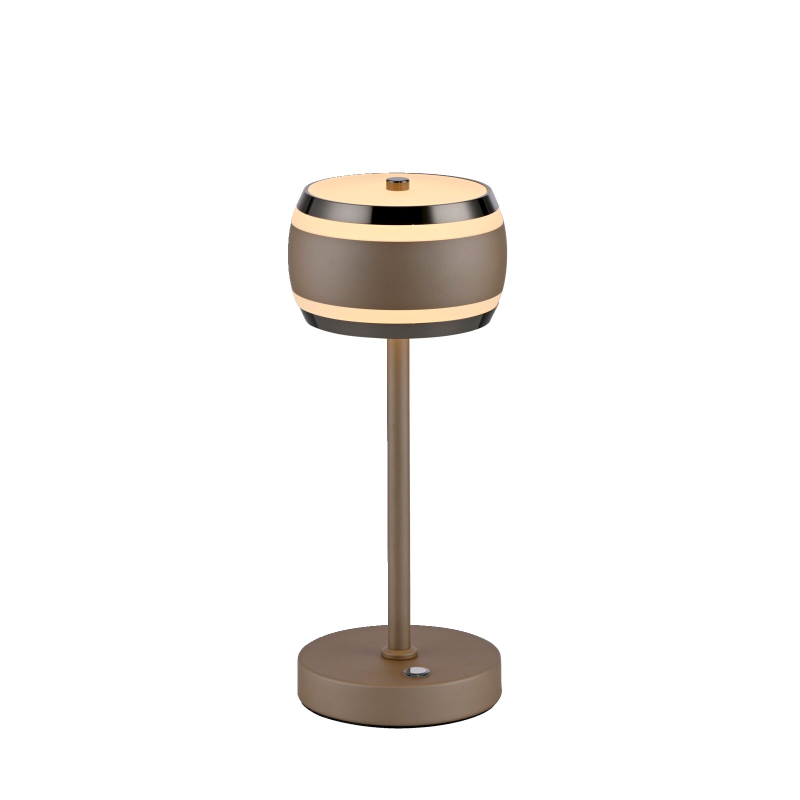 Moderne Akku-Tischleuchte in seitlicher Perspektive mit rundem Lampenschirm und elegantem Design.