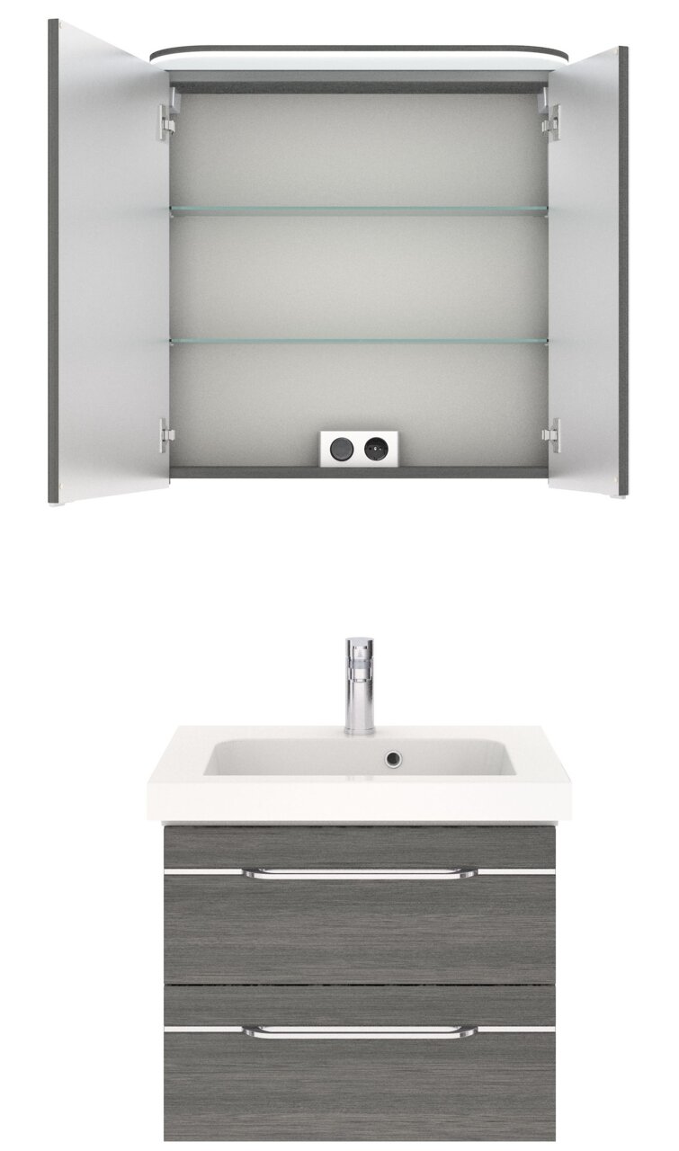 Badezimmermöbel-Set mit offenem Spiegelschrank und Waschbeckenunterschrank, Frontalansicht