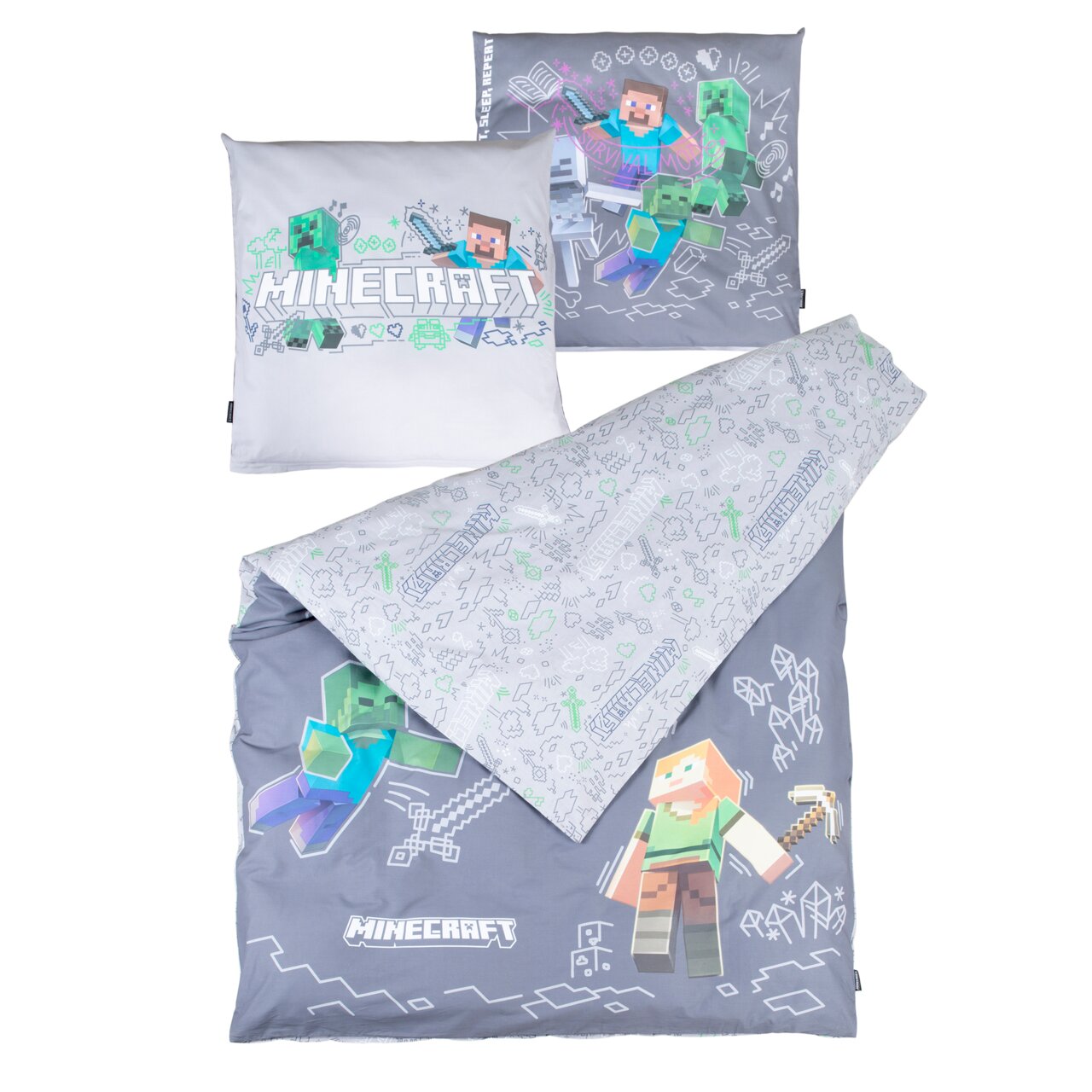 Zurbrüggen Wendebettwäsche MINECRAFT Minecraft Bettwäsche-Set in Grau und Hellgrau mit Steve, Alex und Creeper sowie Minecraft-Logo, Draufsicht/Top-Down-Perspektive auf Decken- und Kissenbezug
