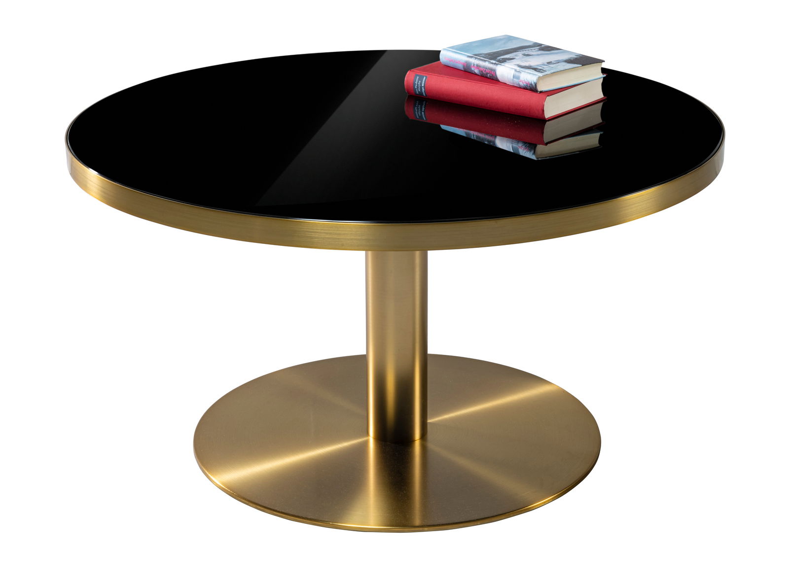 Runder Couchtisch mit schwarzer Glasplatte und goldener Basis, seitliche Perspektive