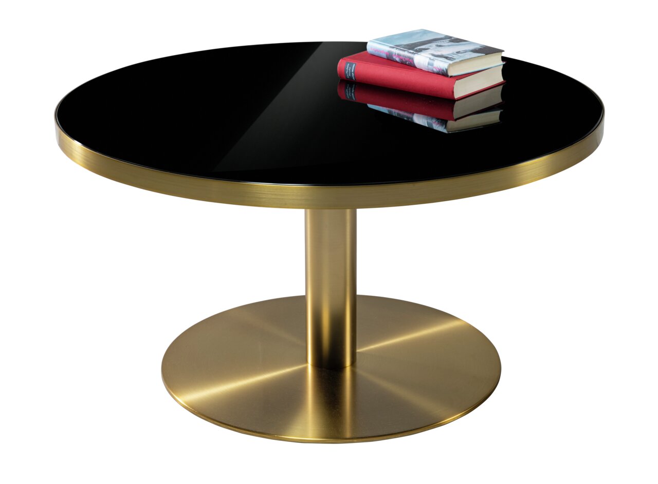 Runder Couchtisch mit schwarzer Glasplatte und goldener Basis, seitliche Perspektive
