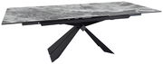 Moderner Esstisch mit grauer Marmoroptik und schwarzem, geometrischem Untergestell, seitliche Perspektive