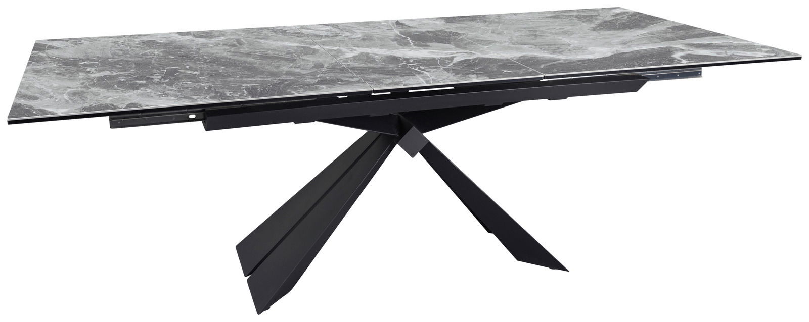 Moderner Esstisch mit grauer Marmoroptik und schwarzem, geometrischem Untergestell, seitliche Perspektive