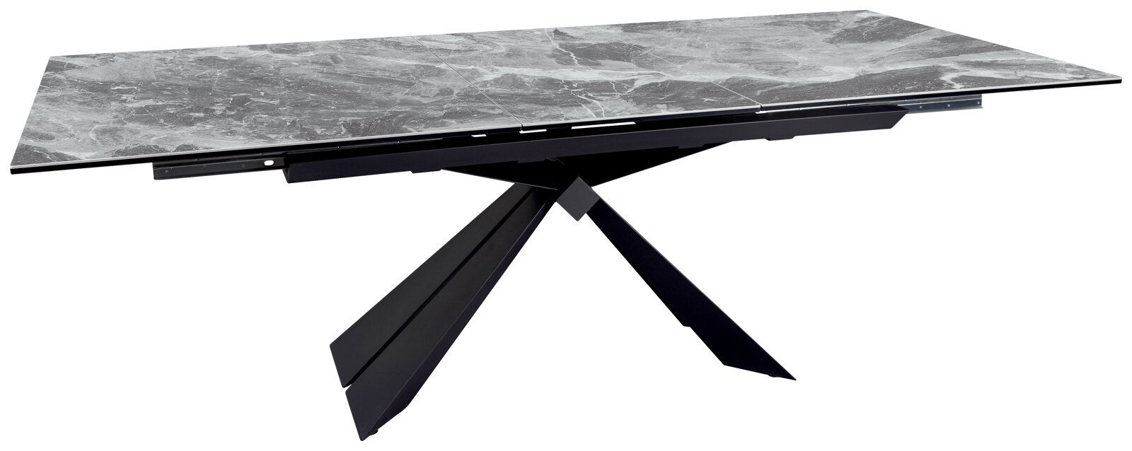 Moderner Esstisch mit grauer Marmoroptik und schwarzem, geometrischem Untergestell, seitliche Perspektive