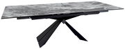 Moderner Esstisch mit grauer Marmoroptik und schwarzem, geometrischem Untergestell, seitliche Perspektive