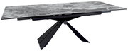 Moderner Esstisch mit grauer Marmoroptik und schwarzem, geometrischem Untergestell, seitliche Perspektive