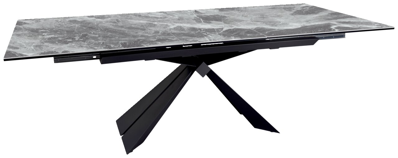 Moderner Esstisch mit grauer Marmoroptik und schwarzem, geometrischem Untergestell, seitliche Perspektive