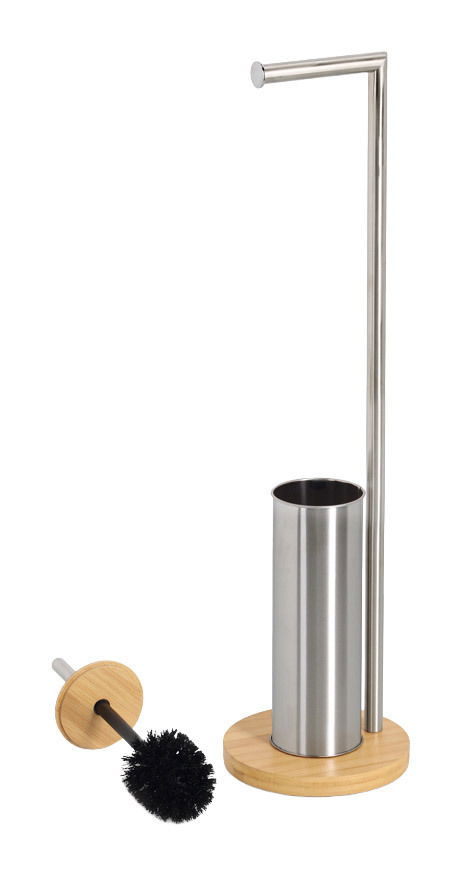 WC-Garnitur aus Edelstahl und Holz, bestehend aus einem Toilettenbürstenhalter mit Bürste und einem integrierten Toilettenpapierhalter, seitliche Perspektive