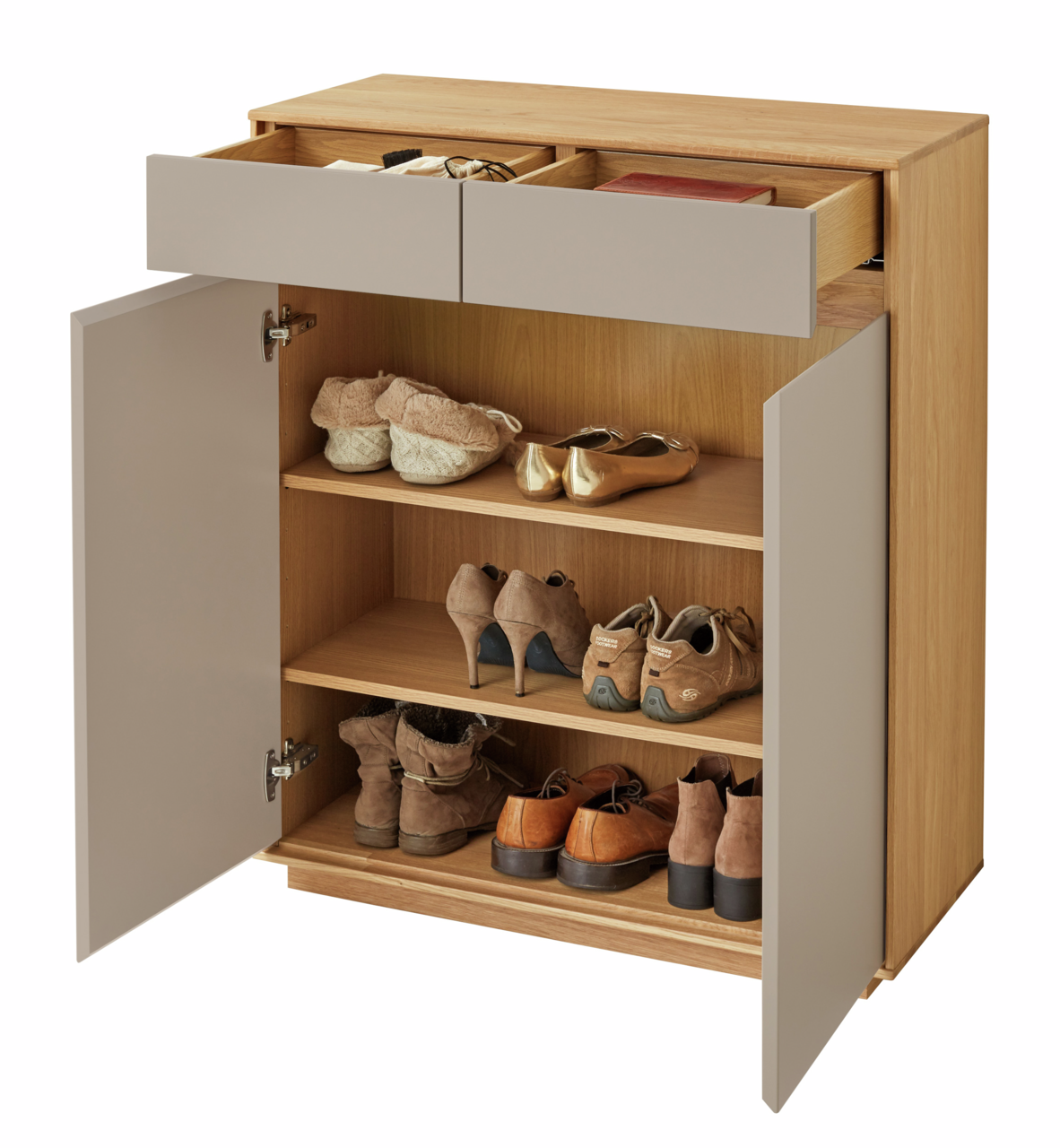 VOSS Kommode V100 Kommode aus Holz mit grauen Schubladen, offene Türen zeigen mehrere Regalböden mit Schuhen, Perspektive von vorne