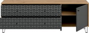 Moderne Kommode/Sideboard in Holzoptik mit zwei Schubladen und geometrisch gemusterten dunkelgrauen Fronten sowie geöffneter rechter Tür, Frontansicht leicht von oben.