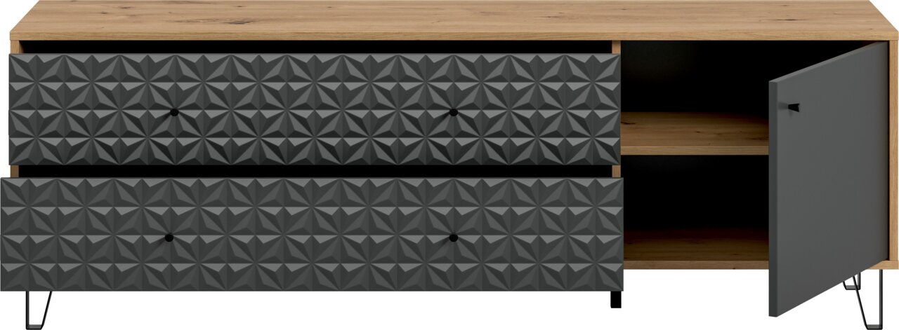 Moderne Kommode/Sideboard in Holzoptik mit zwei Schubladen und geometrisch gemusterten dunkelgrauen Fronten sowie geöffneter rechter Tür, Frontansicht leicht von oben.
