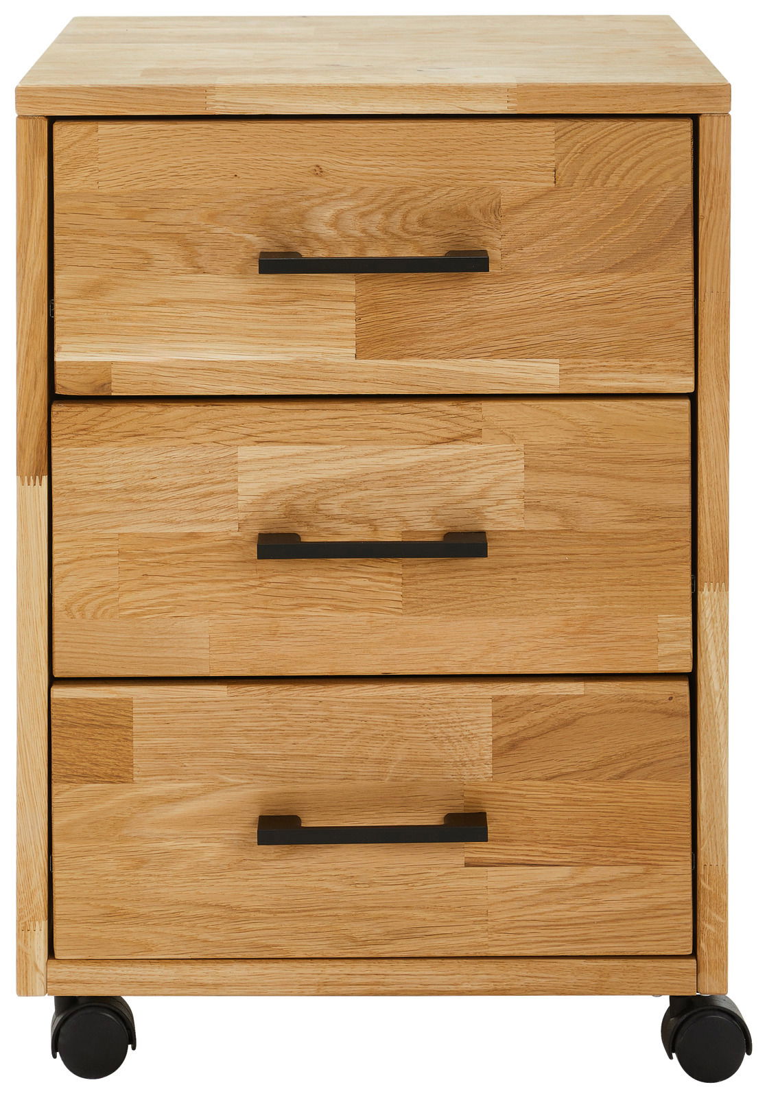 Rollcontainer aus Holz mit drei Schubladen und schwarzen Griffen, auf Rollen, Frontalansicht