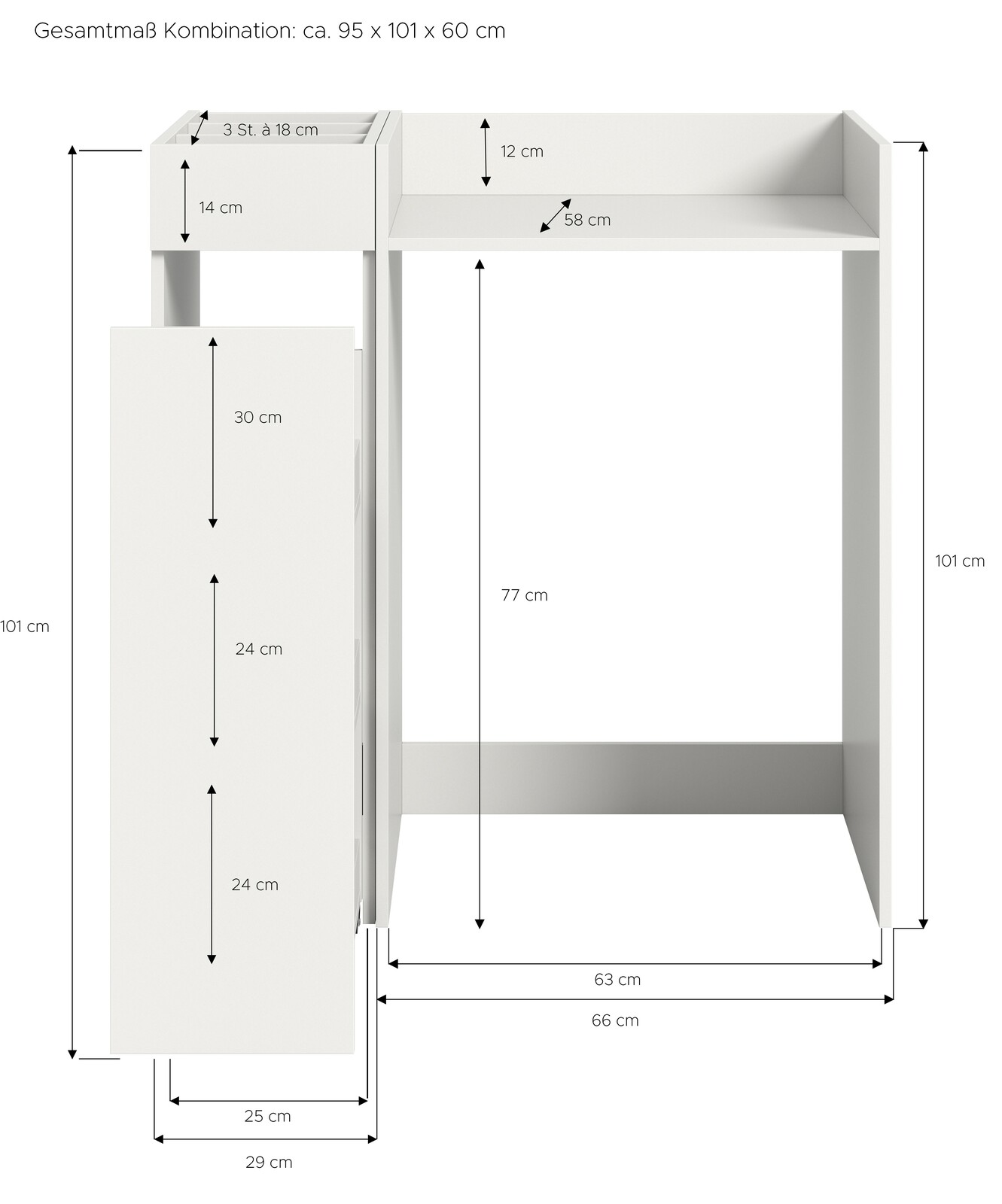Waschmaschinenumbau-Set in weißer Farbe, perspektivische Ansicht von vorne, mit mehreren Fächern und Ablagen, Gesamtmaße ca. 95 x 101 x 60 cm.
