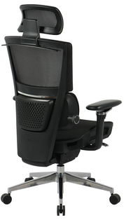 Rückansicht eines modernen Chefsessels mit Netzrückenlehne, verstellbarer Kopfstütze und Armlehnen, auf einem stabilen Metallfuß mit Rollen.