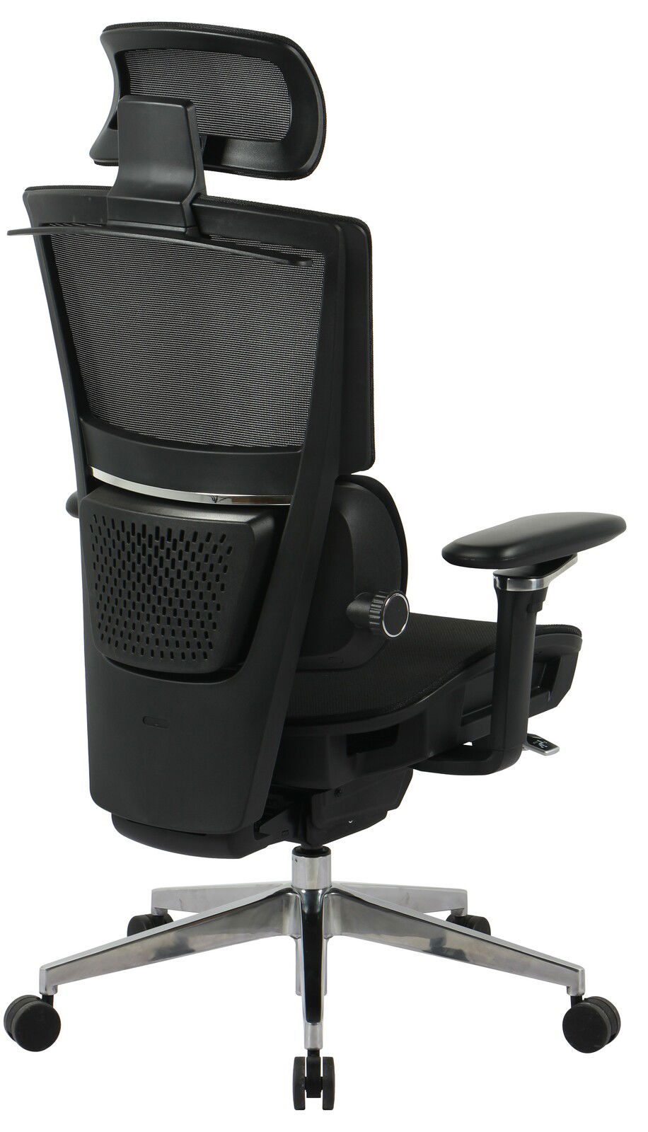 Rückansicht eines modernen Chefsessels mit Netzrückenlehne, verstellbarer Kopfstütze und Armlehnen, auf einem stabilen Metallfuß mit Rollen.