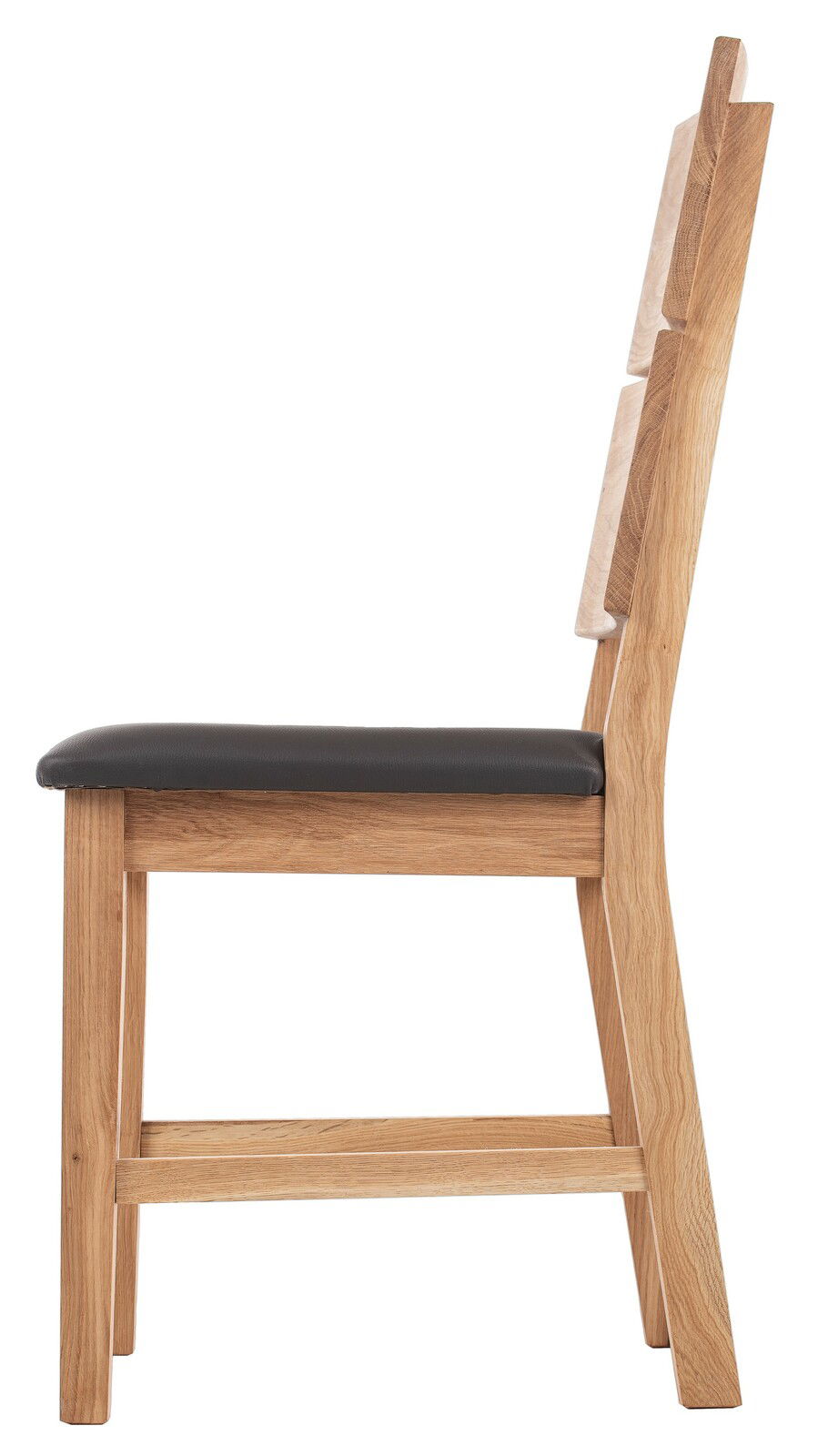 Seitenansicht eines Holzstuhls mit gepolsterter Sitzfläche und Rückenlehne.