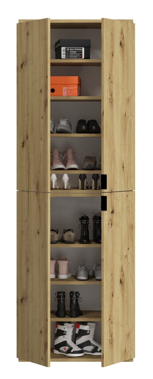 Holzschrank mit offenen Türen, gefüllt mit verschiedenen Schuhen und Schuhkartons, frontal betrachtet.