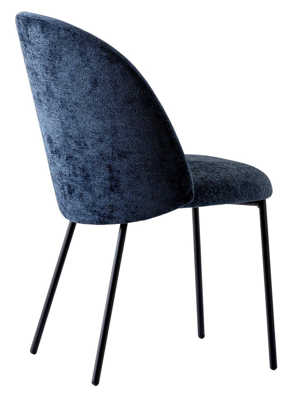 Rückansicht eines modernen Connubia Stuhls TUKA MID mit blauem Stoffbezug und schwarzen Metallbeinen.