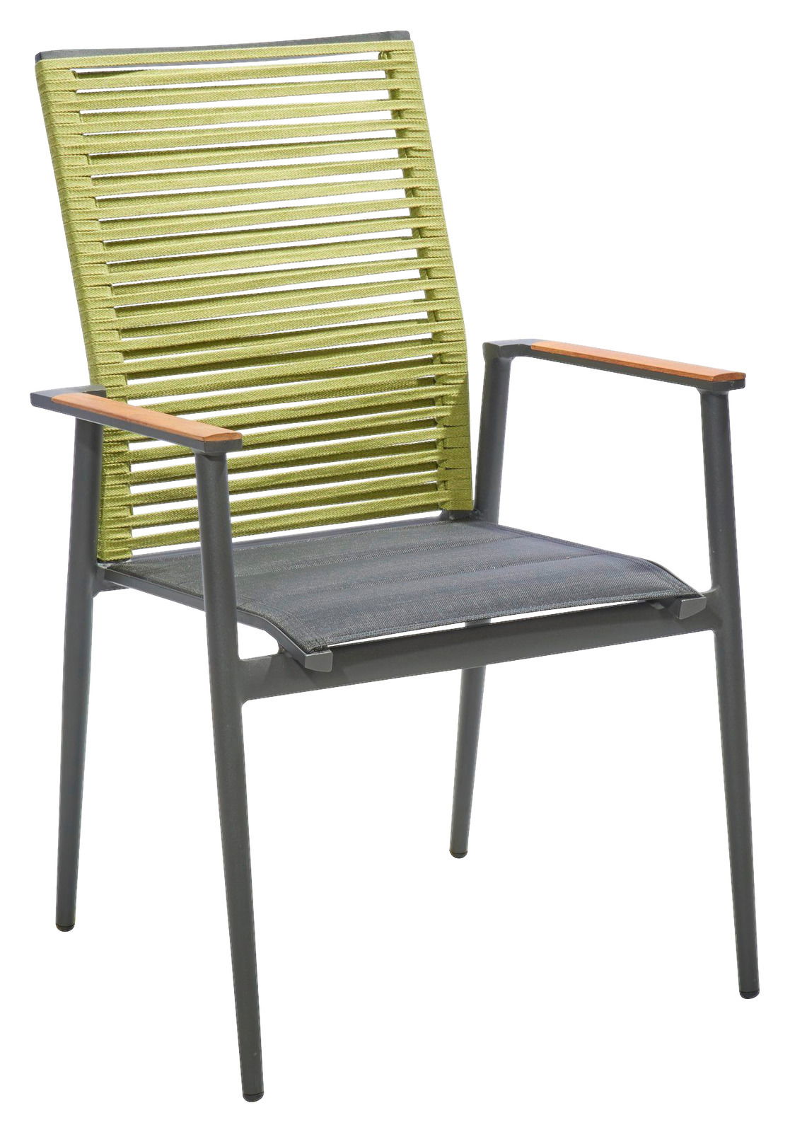 Moderner Sessel mit grünem, lamellenartigem Rücken und grauem Sitz, seitliche Perspektive