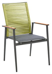 Moderner Sessel mit grünem, lamellenartigem Rücken und grauem Sitz, seitliche Perspektive