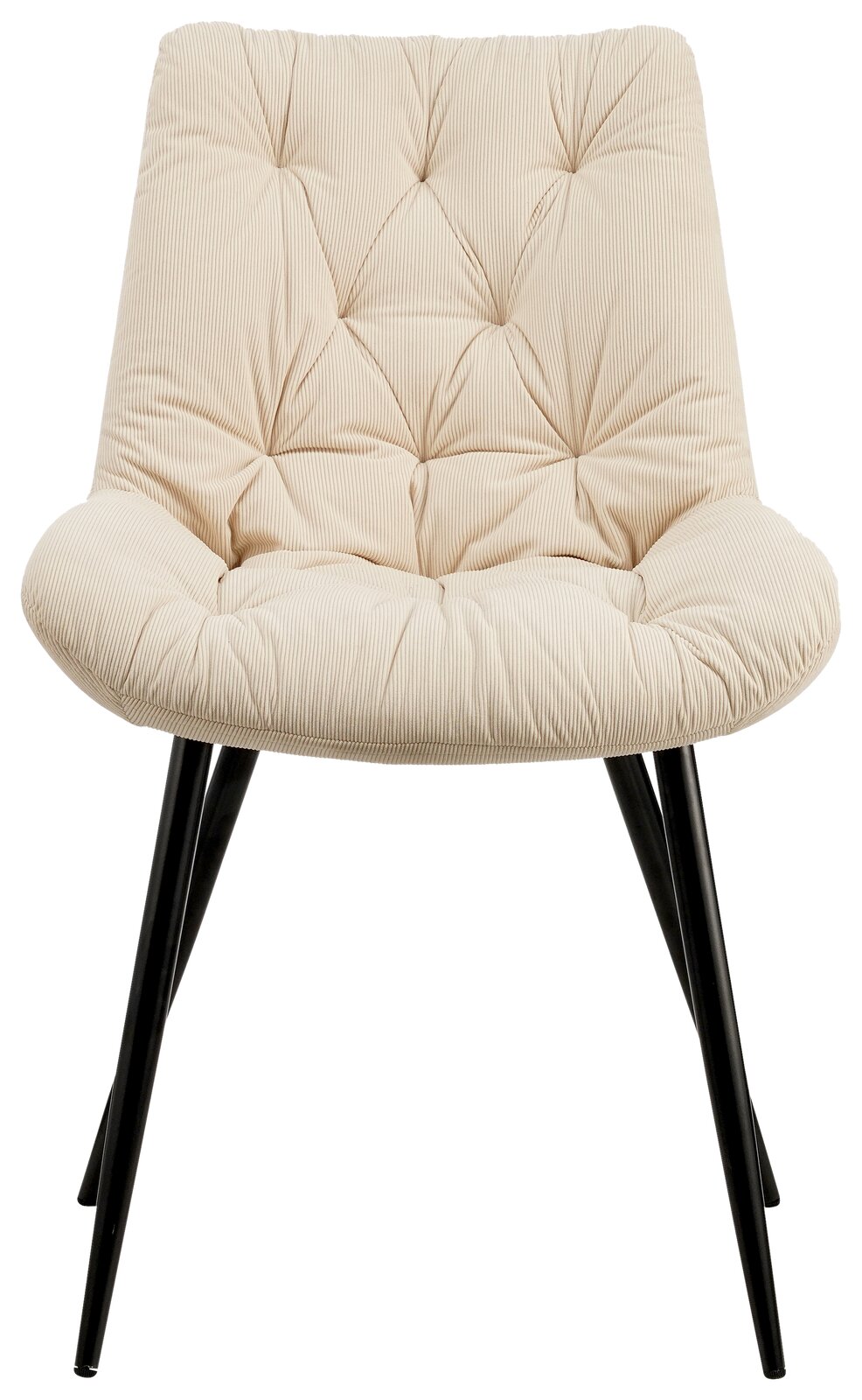 Frontansicht eines beigen, gepolsterten Stuhls mit schwarzen Metallbeinen.