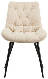 Frontansicht eines beigen, gepolsterten Stuhls mit schwarzen Metallbeinen.