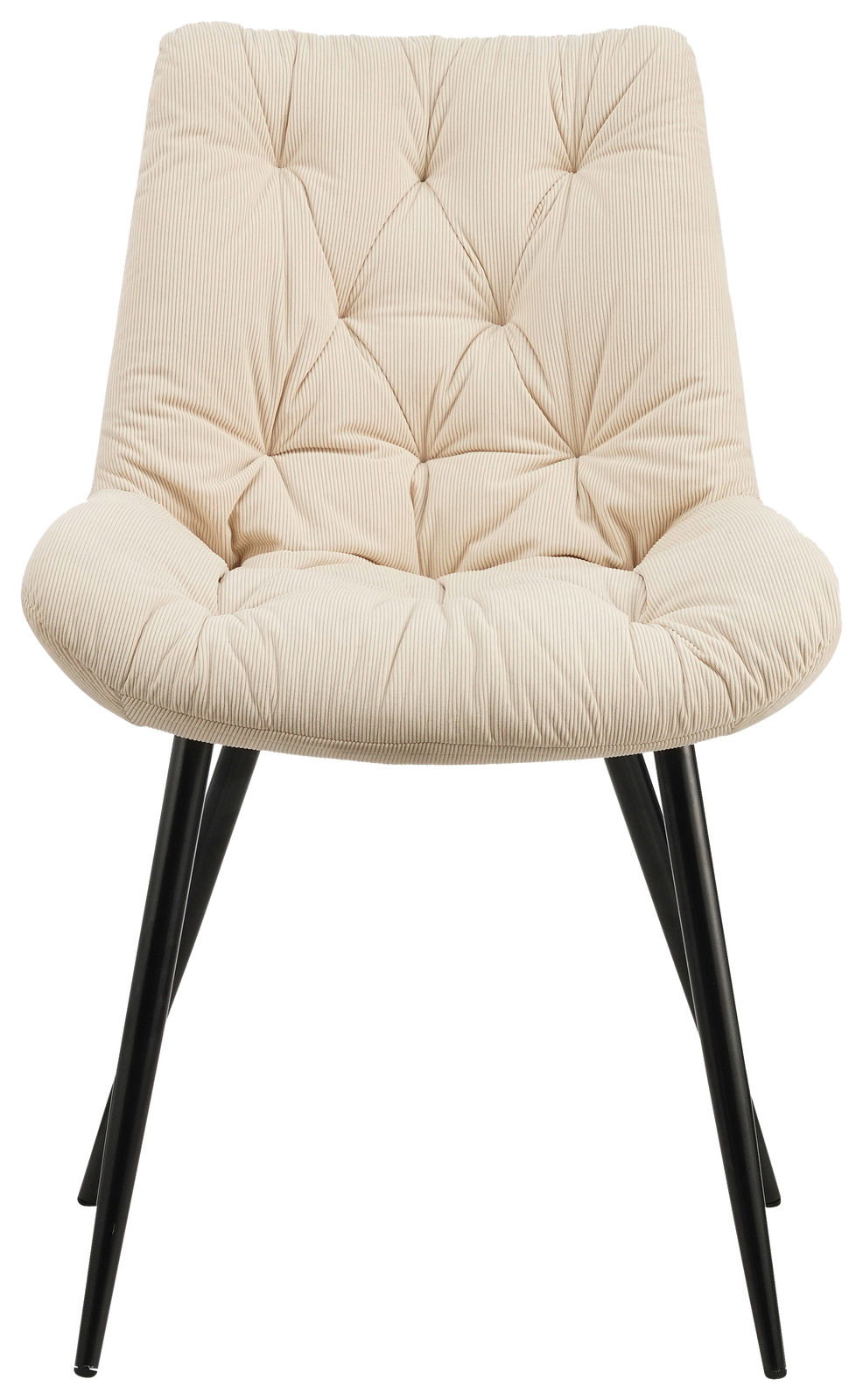 Frontansicht eines beigen, gepolsterten Stuhls mit schwarzen Metallbeinen.