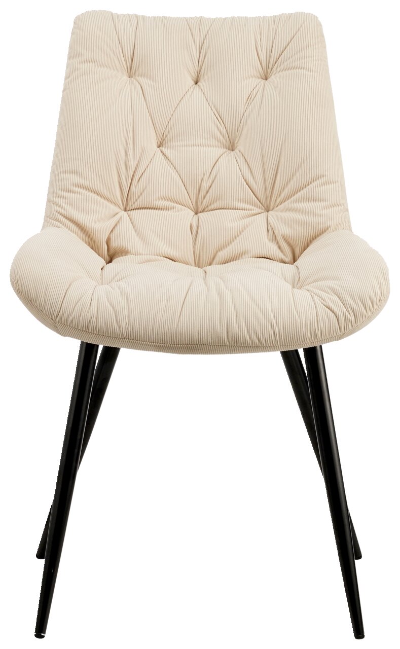 Frontansicht eines beigen, gepolsterten Stuhls mit schwarzen Metallbeinen.