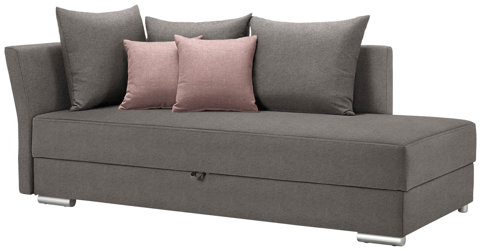 Graues Funktionssofa mit drei großen Rückenkissen und zwei kleineren rosa Zierkissen, seitliche Perspektive