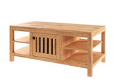 Holz-Couchtisch mit seitlichen Regalfächern und einer Schiebetür in Frontalansicht