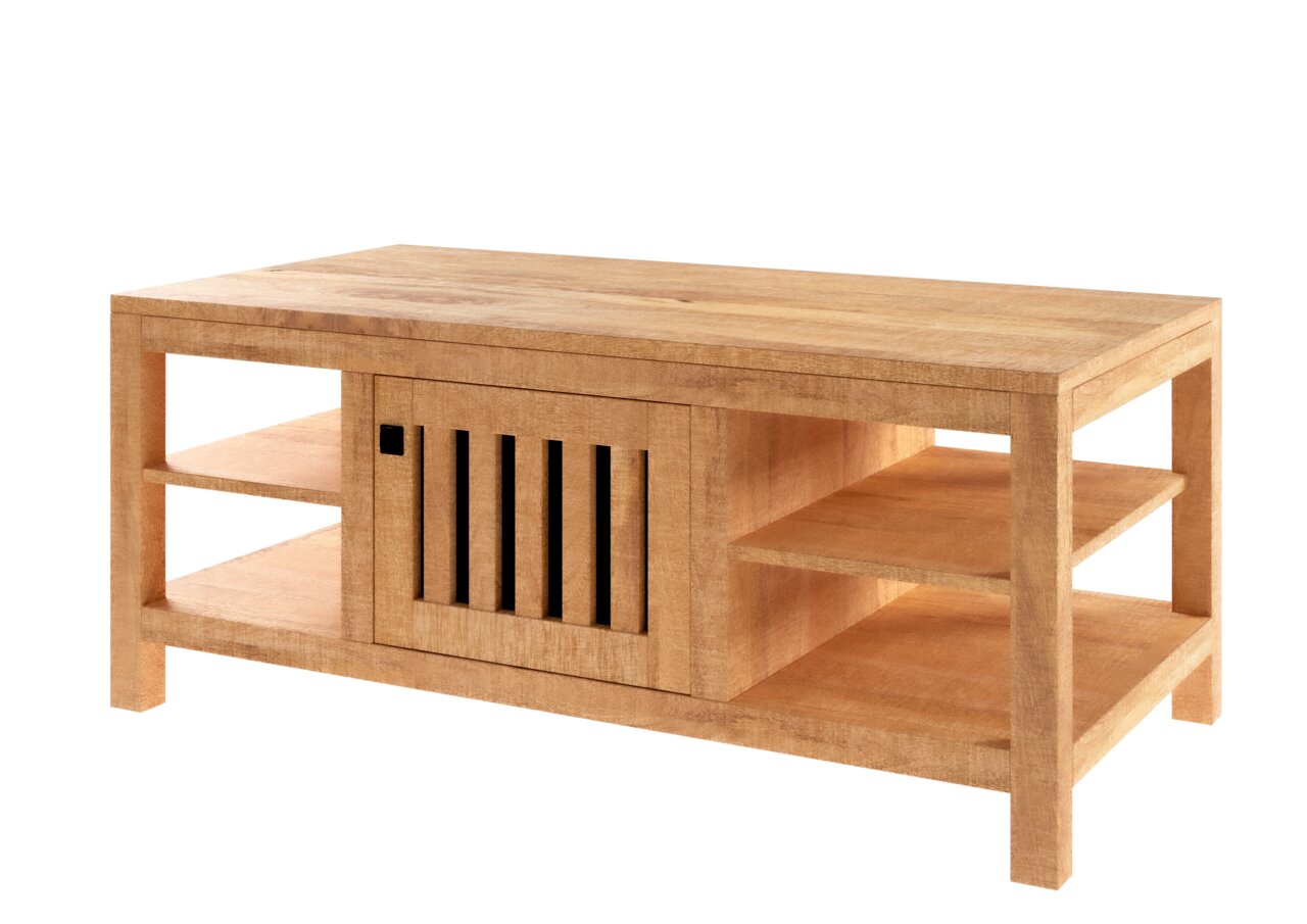 Holz-Couchtisch mit seitlichen Regalfächern und einer Schiebetür in Frontalansicht