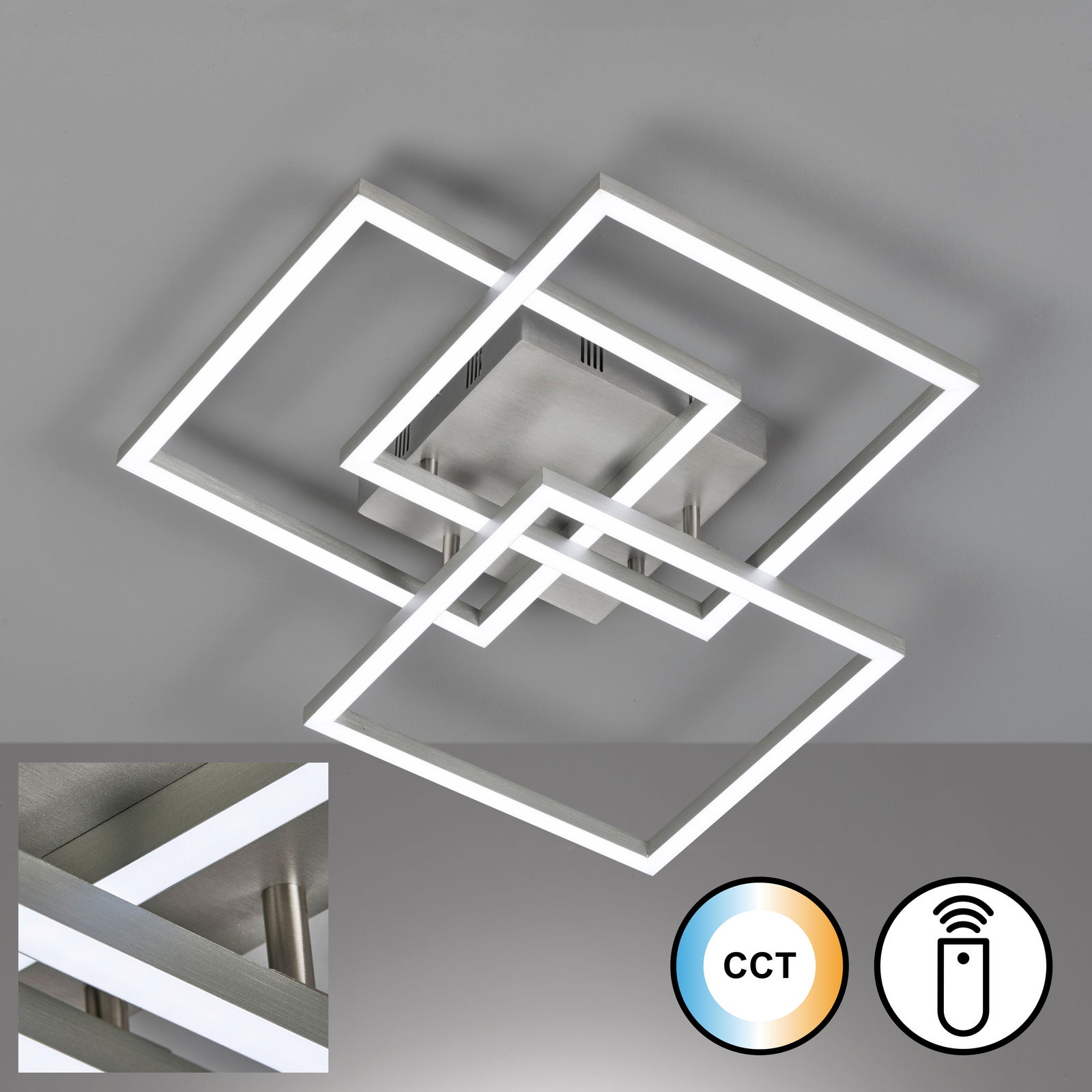 Moderne Deckenleuchte Seth mit überlappenden quadratischen Rahmen, Ansicht von unten.