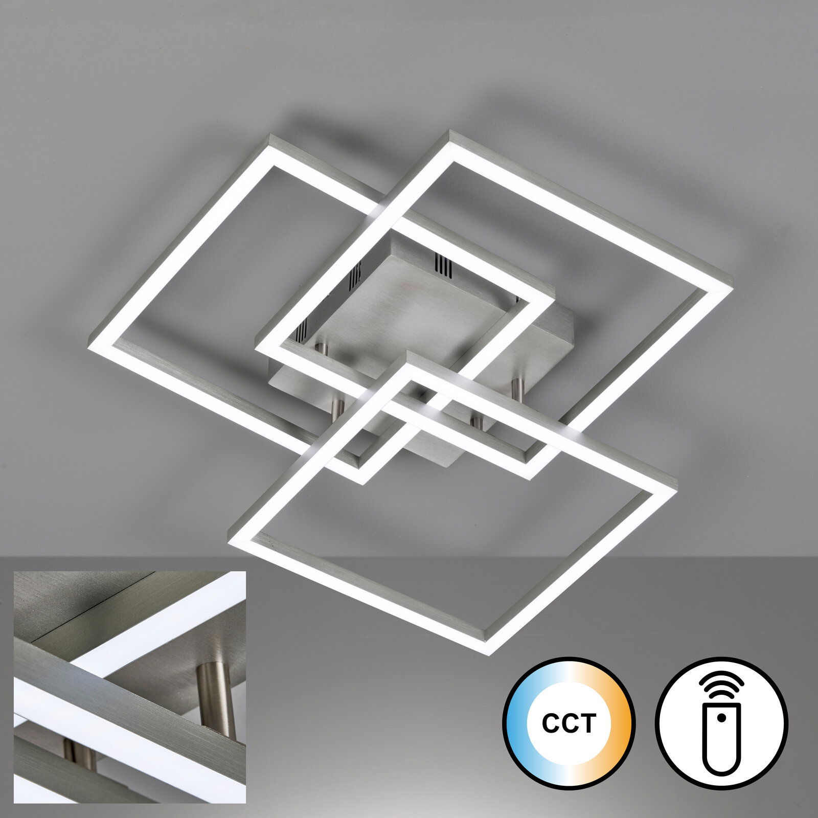 Moderne Deckenleuchte Seth mit überlappenden quadratischen Rahmen, Ansicht von unten.