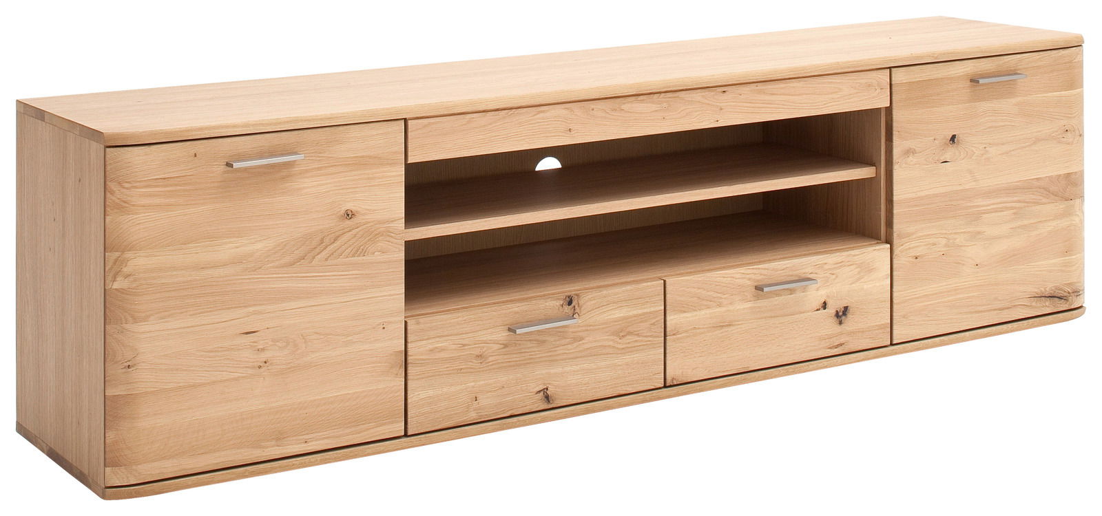 XL-TV-Lowboard aus Holz mit zwei Schubladen, zwei Türen und offenen Fächern, seitliche Perspektive