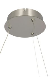 Deckenansicht einer modernen LED-Hängeleuchte mit runder Metallhalterung und dünnen Kabeln.