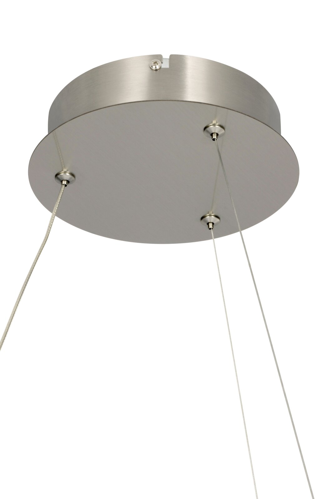 Deckenansicht einer modernen LED-Hängeleuchte mit runder Metallhalterung und dünnen Kabeln.