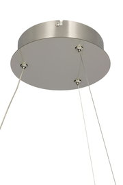 Deckenansicht einer modernen LED-Hängeleuchte mit runder Metallhalterung und dünnen Kabeln.