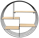 Rundes Wandregal mit schwarzem Metallrahmen und vier beige Ablageflächen, frontal betrachtet.