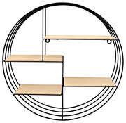 Rundes Wandregal mit schwarzem Metallrahmen und vier beige Ablageflächen, frontal betrachtet.