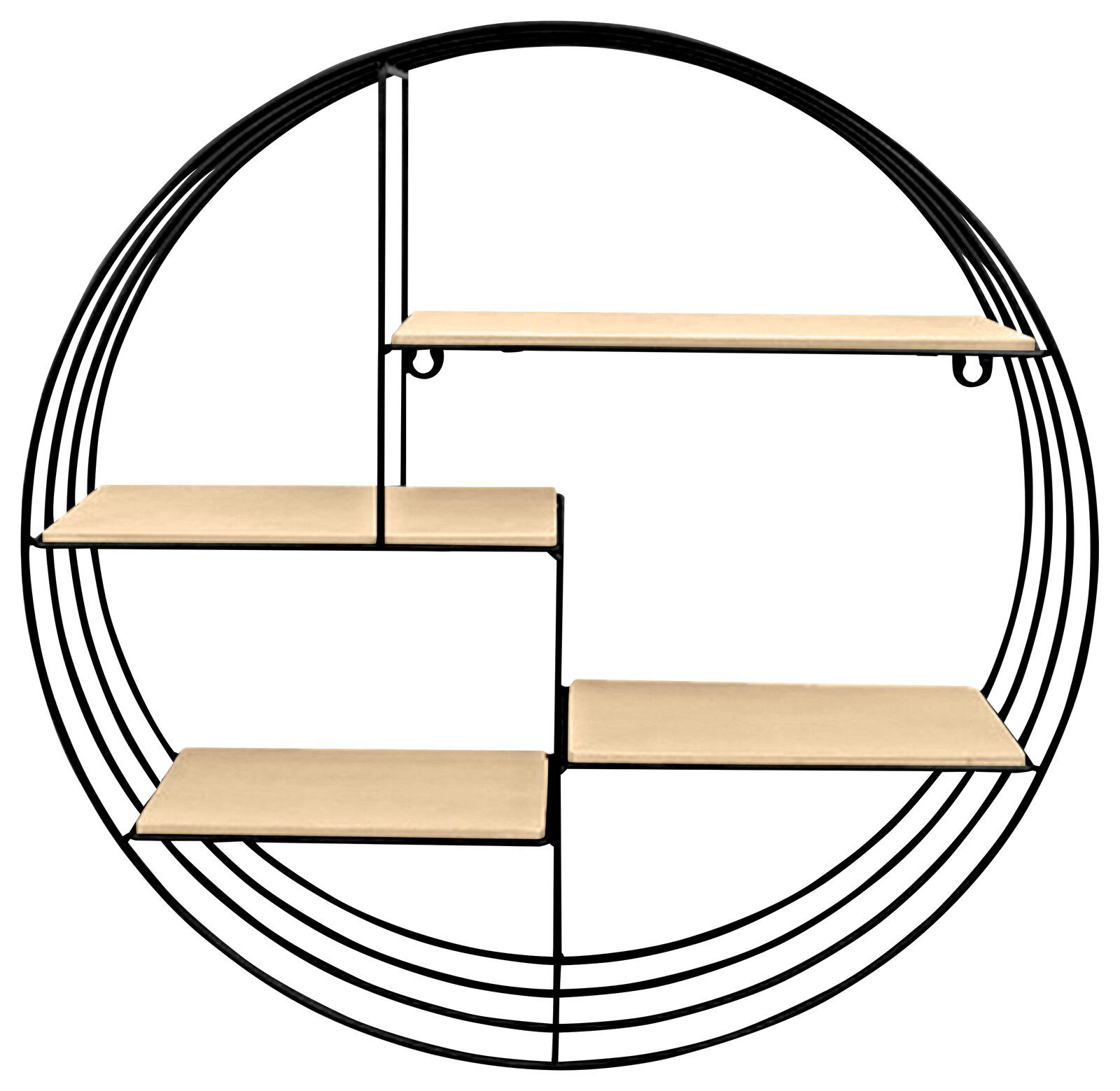 XORA Wandregal HANNA Rundes Wandregal mit schwarzem Metallrahmen und vier beige Ablageflächen, frontal betrachtet.
