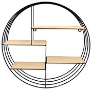 Ronde wandplank met een zwart metalen frame en vier beige legplanken, gezien vanaf de voorkant.