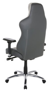 Rückansicht eines grauen Gaming-Stuhls mit verstellbaren Armlehnen und einem stabilen Metallfuß auf Rollen.