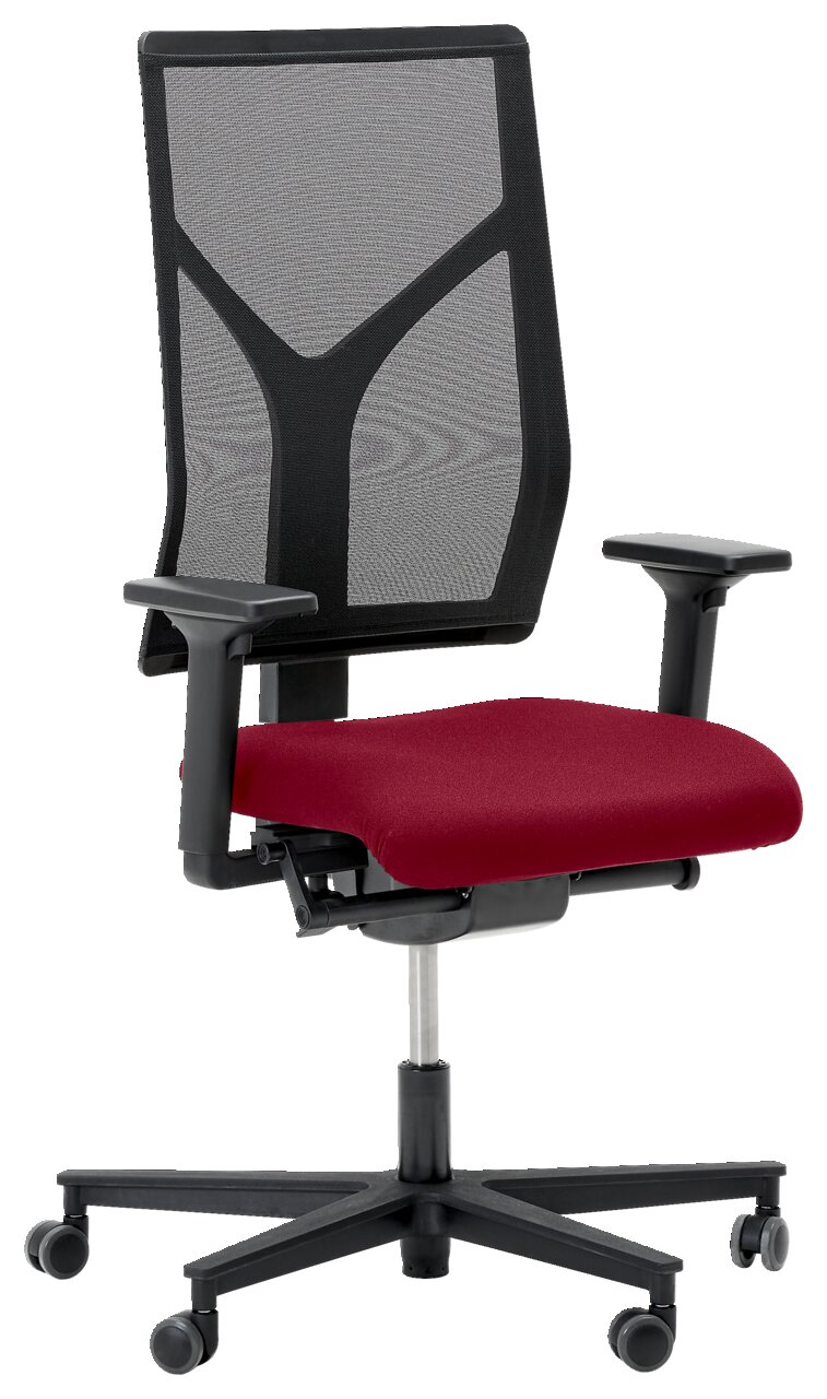 Ergonomischer Drehstuhl mit schwarzer Netzrückenlehne und rotem Sitzpolster, seitliche Perspektive