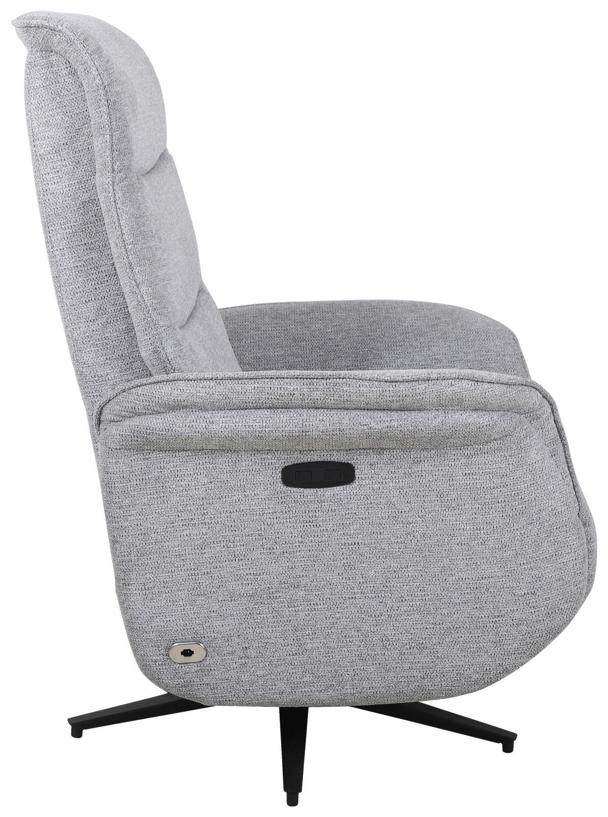 Seitenansicht eines grauen, drehbaren Relaxsessels mit schwarzem Standfuß.